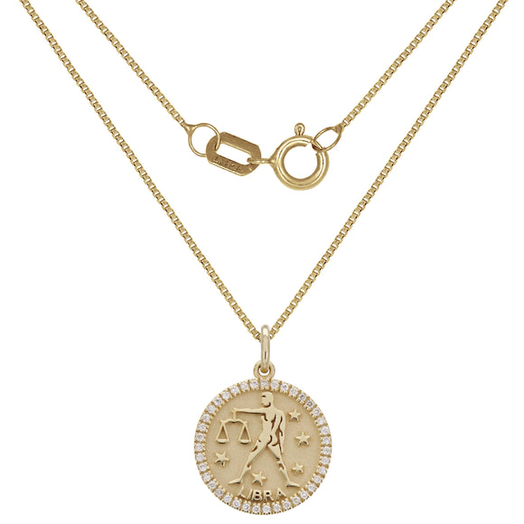 14k Yellow Gold Diamond Zodiac Sign Libra Pendant Necklace 18