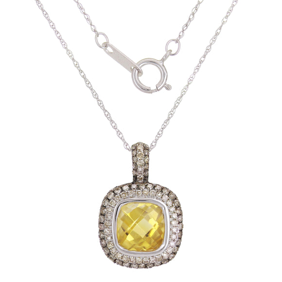 10k White Gold 0.65ctw Citrine  & Diamond Vintage Style Pendant Necklace 18