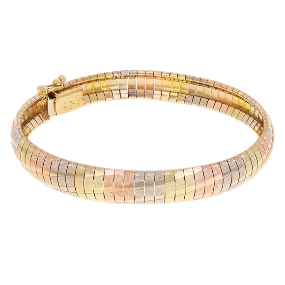 Italian 14k Tri-Color Gold Diamond Cut Omega Bangle Bracelet 7