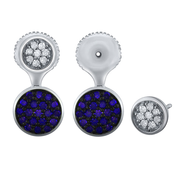 14k White Gold 0.55ctw Blue & White Diamond Pave Double Circle Jacket Earrings