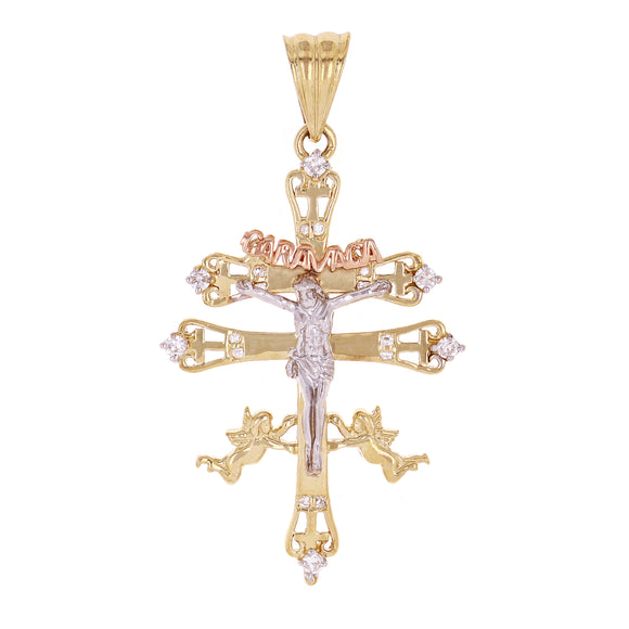 14k Tri Color Gold Caravaca Cross Crucifix Pendant with Cubic Zirconia 2.1