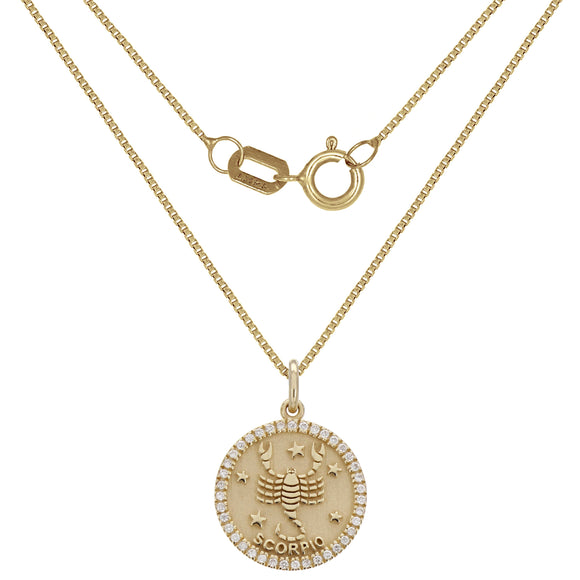 14k Yellow Gold Diamond Zodiac Sign Scorpio Pendant Necklace 18