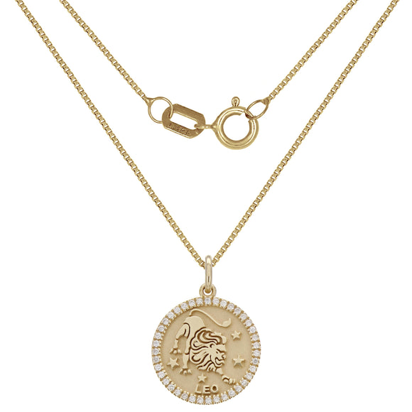 14k Yellow Gold Diamond Zodiac Sign Leo Pendant Necklace 18