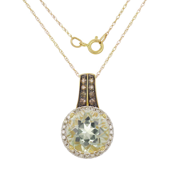 14k Yellow Gold 0.30ctw Green Amethyst & Diamond Solitaire Pendant Necklace 18