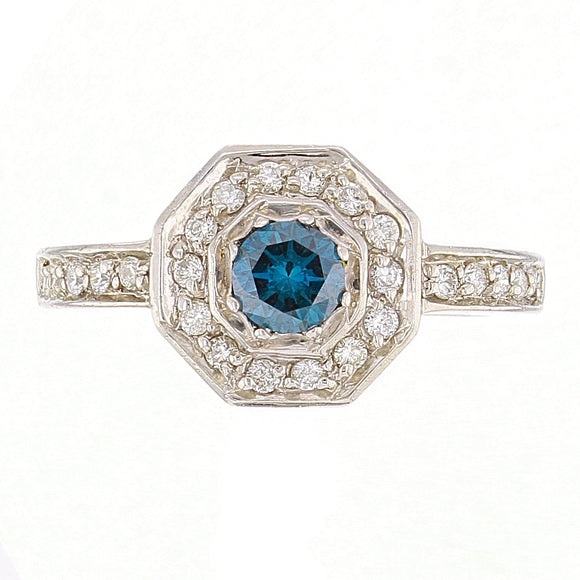 14k White Gold 0.76ctw Enhanced Blue & White Diamond Deco Style Ring Size 6.5
