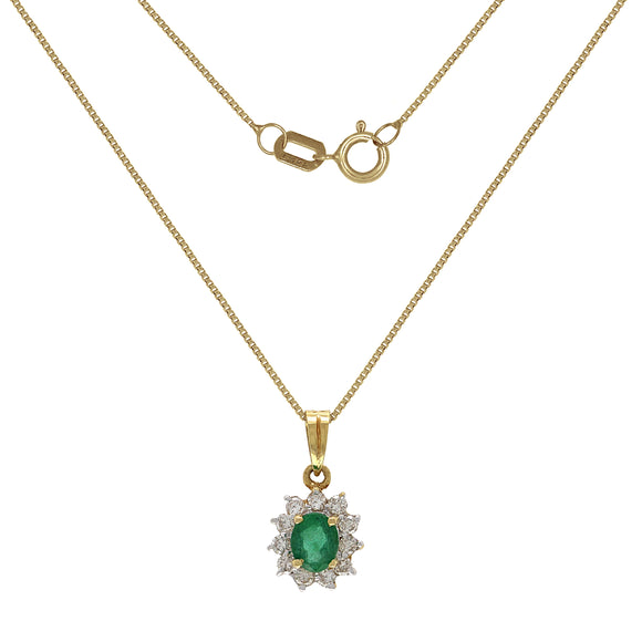 14k Yellow Gold 0.13ctw Emerald & Diamond Oval Cluster Pendant Necklace 18