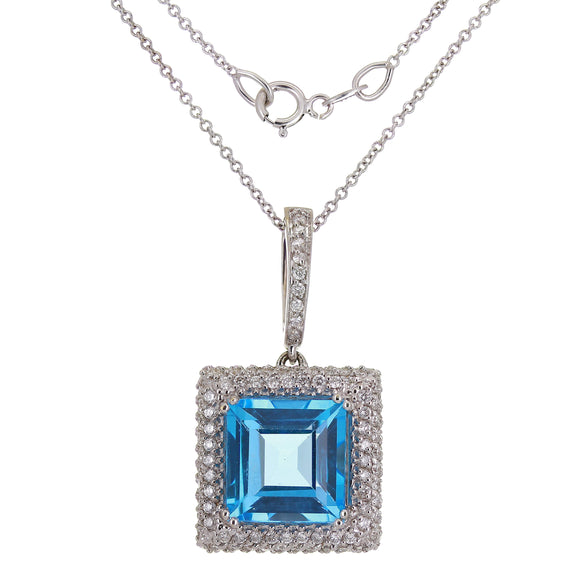 18k White Gold 0.94ctw Blue Topaz & Diamond Square Drop Pendant Necklace 18