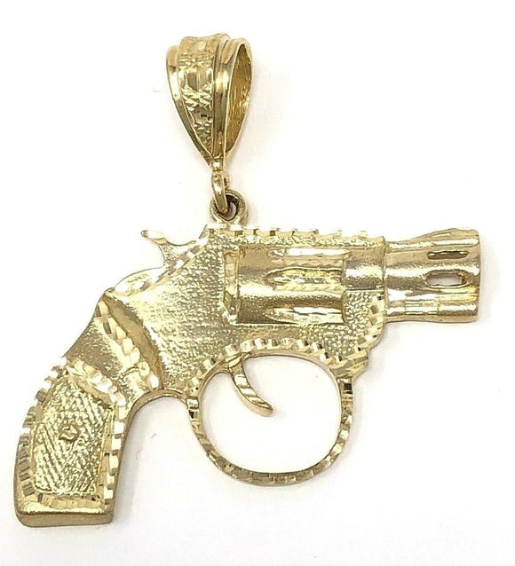 10k Yellow Gold Big Diamond Cut Revolver Pistol Gun Pendant 3