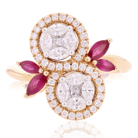 18k Rose Gold 1.15ctw Diamond & Ruby Swirl Leaf& Vine Vintage Style Ring Sz 6.75