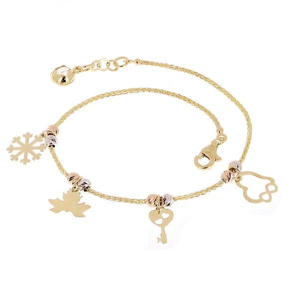 14k Tri Color Gold Snow Flake Key Leaf Heart Infinity Charm Bracelet 7