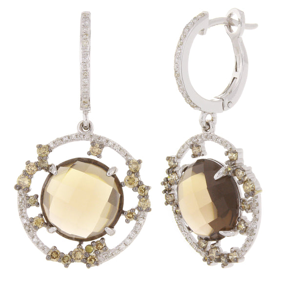 14k White Gold 0.90ctw Smoky Quartz, Brown & White Diamond Trellis Drop Earrings
