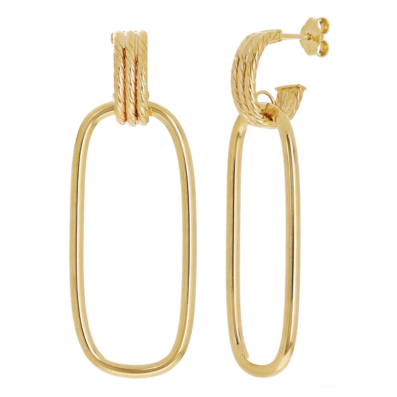 Italian 14k Yellow Gold Polished Rectangle & Rope Hoop Drop Earrings 1.8