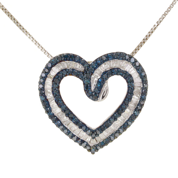 10k White Gold 0.75ctw Blue & White Diamond Frame Open Heart Pendant Necklace