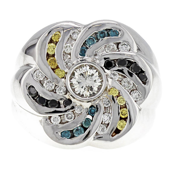 14k White Gold 1.40ctw Multi Fancy Color Diamond Spiral Ring Size 10.5