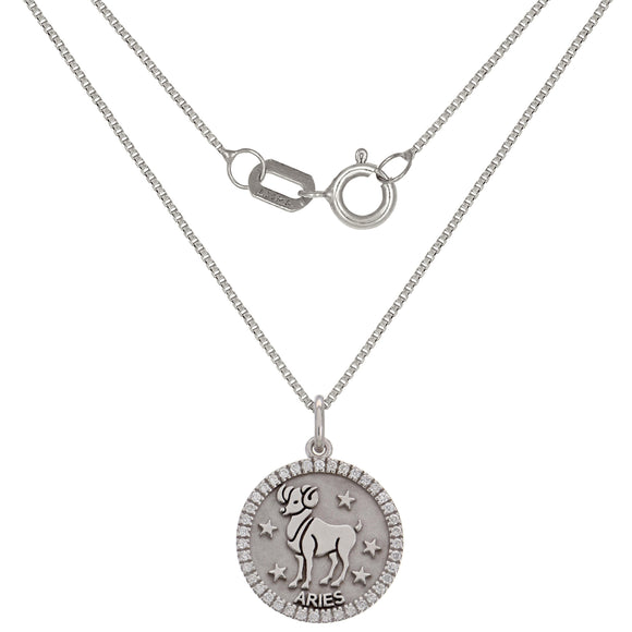 14k White Gold Diamond Zodiac Sign Aries Pendant Necklace 18