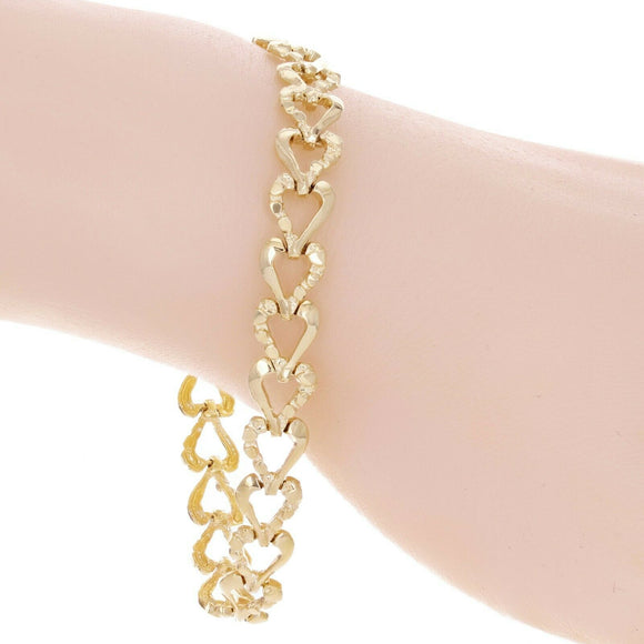14k Yellow Gold Solid Plain & Nugget Heart Link Bracelet 8