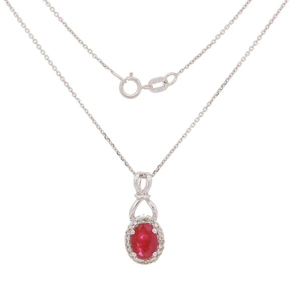 14k White Gold 0.15ctw Ruby & Diamond Oval Ribbon Twist Pendant Necklace