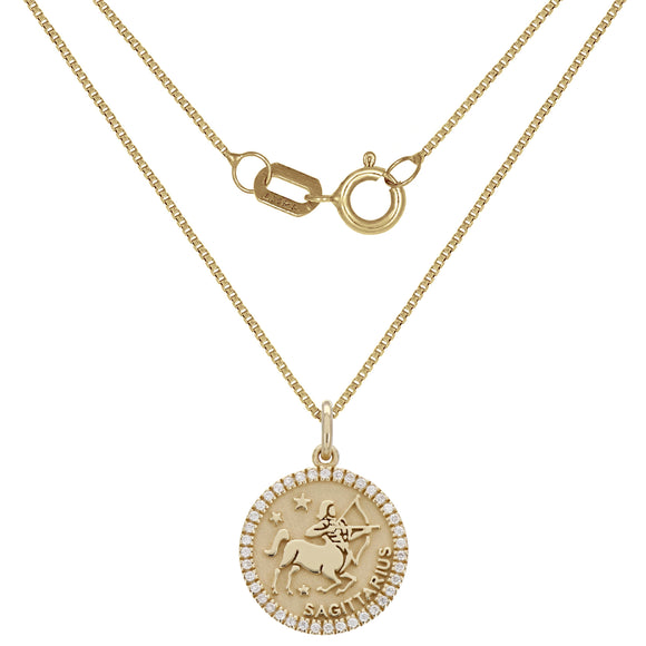 14k Yellow Gold Diamond Zodiac Sign Sagittarius Pendant Necklace 18
