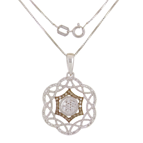 14k White Gold 0.33ctw Brown & White Diamond Filigree Trellis Pendant Necklace