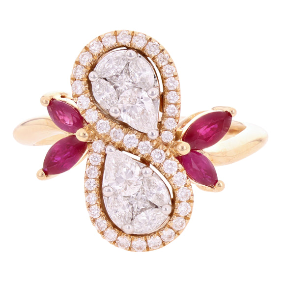 18k Rose Gold 1.01ctw Diamond & Ruby Swirl Leaf & Vine Vintage Style Pear Ring