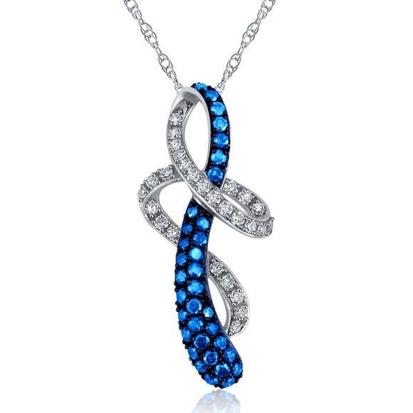 10k White Gold 0.65ctw Blue & White Diamond Ribbon Swirl Luxury Pendant Necklace