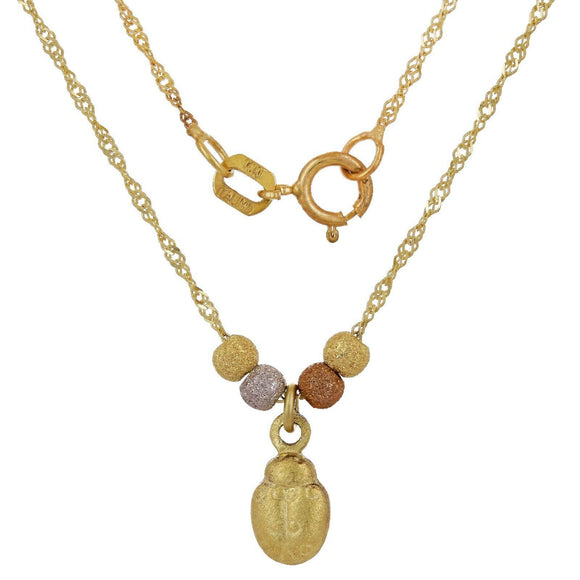 14k Tri Color Gold Ball Beads & Lady Bug Charm Pendant w/ 17