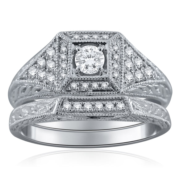 14k White Gold 1.35ctw Diamond Vintage Style 2 Piece Bridal Ring Set Size 7