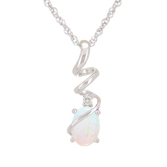 A white gold necklace with a semi-precious gemstone pendant.