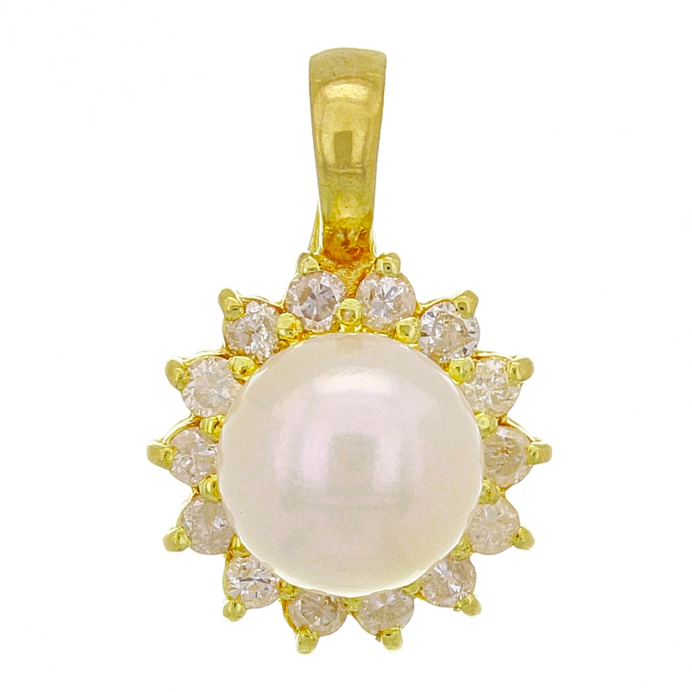 A gorgeous pearl pendant surrounded by an intricate gold design.