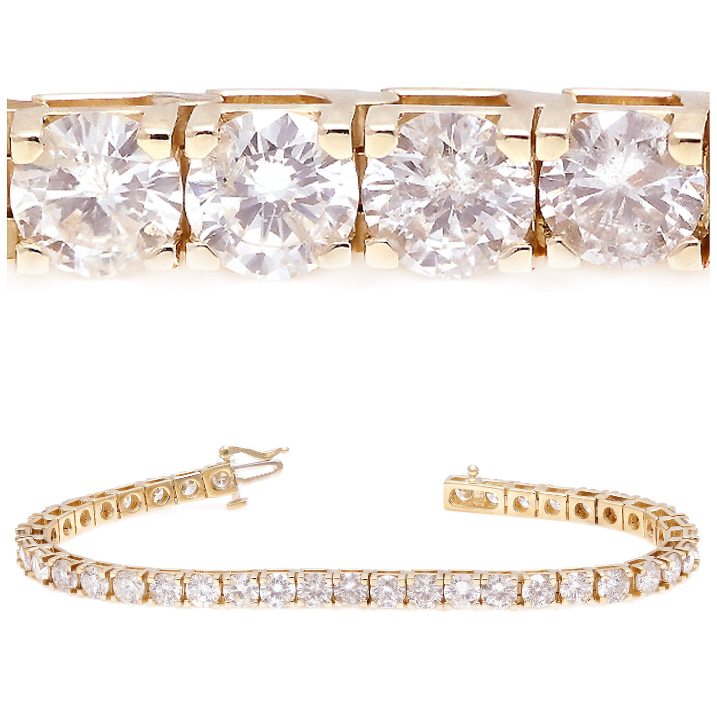 One of Direct Source Gold & Diamond's gold diamond bracelets, with a close-up of gorgeous round diamonds.