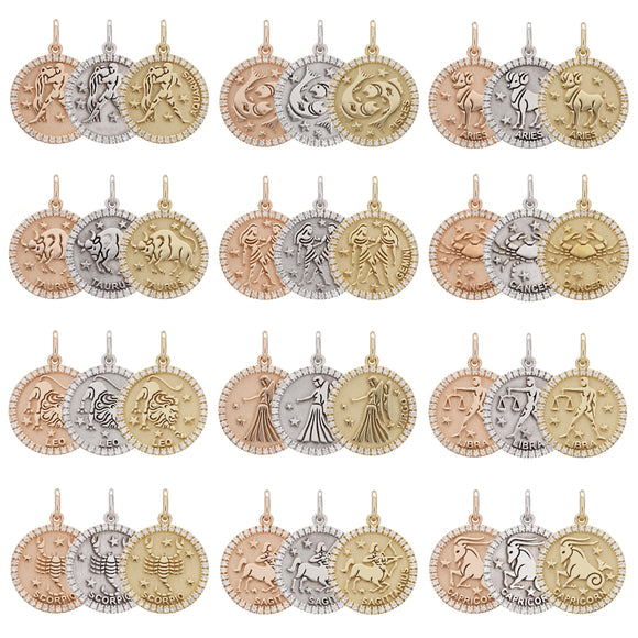 A selection of beautiful gold zodiac charms in yellow gold, rose gold and white gold.