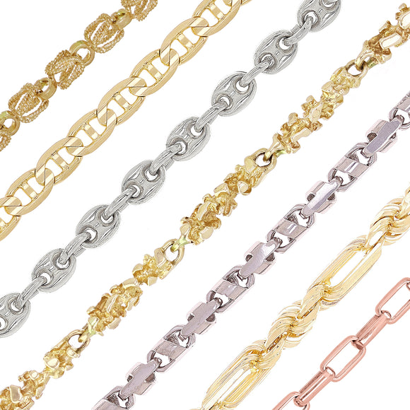 An assortment of styles of real gold chain necklaces.