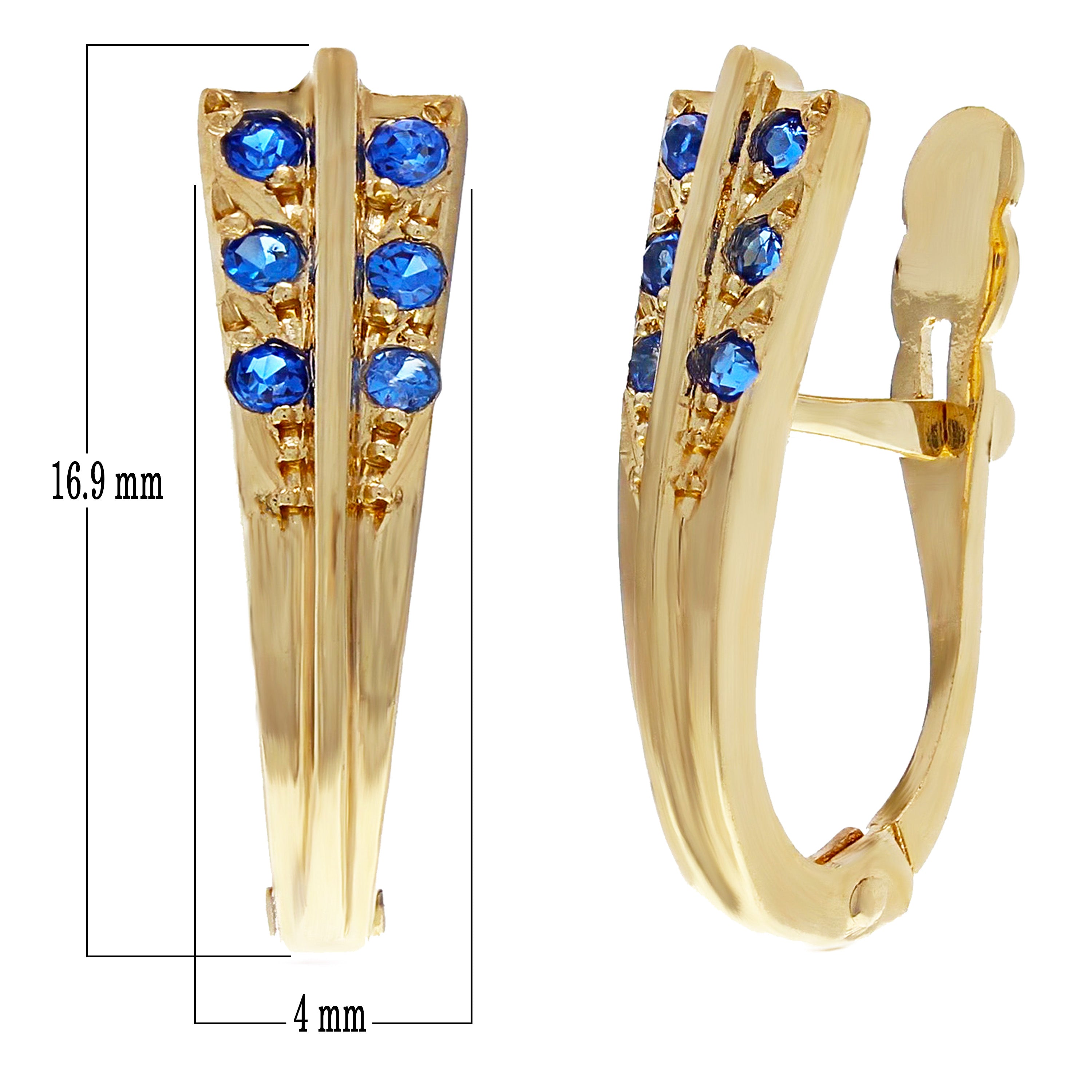 14k Yellow Gold Blue Sparkling Crystal Hinge Hoop Huggie Earrings