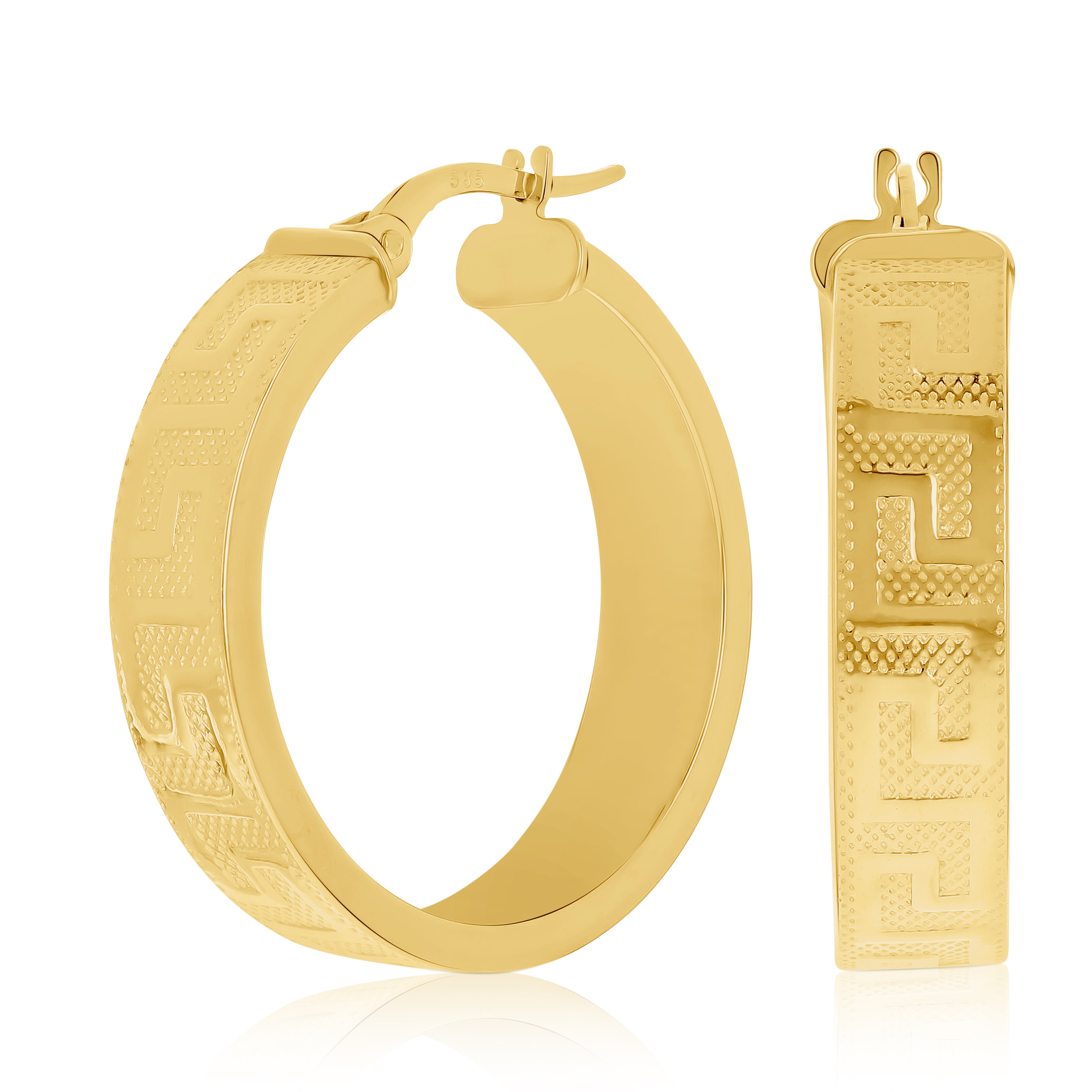 Italian 14k Yellow Gold Hollow Greek Key Hollow Hoop Earrings 1.1" 6mm 3 grams