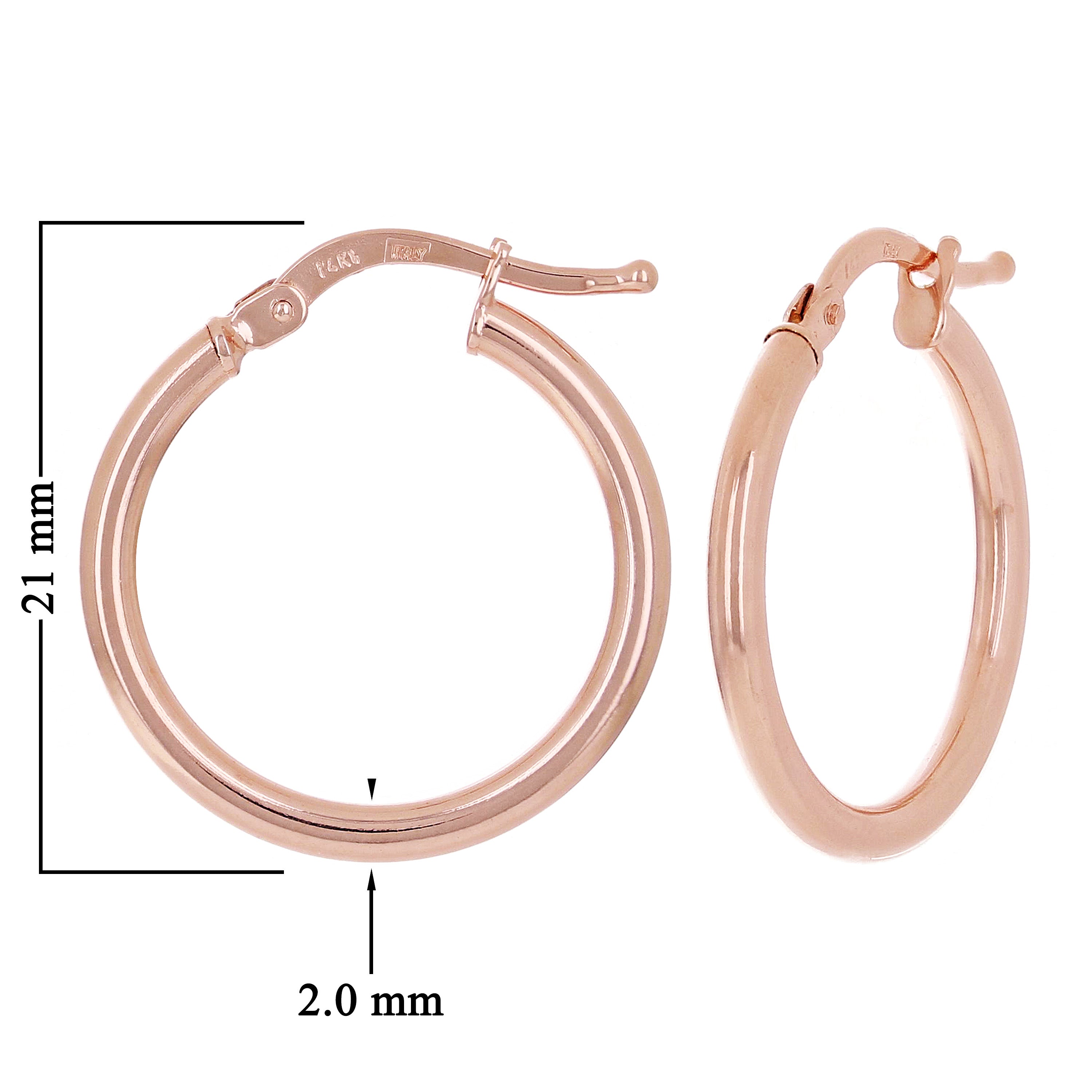 Italian 14k Rose Gold High Polished Plain Hollow Hoop Earrings 21x2mm 1.3 grams - Rose,Size 0.8" 1.3 grams
