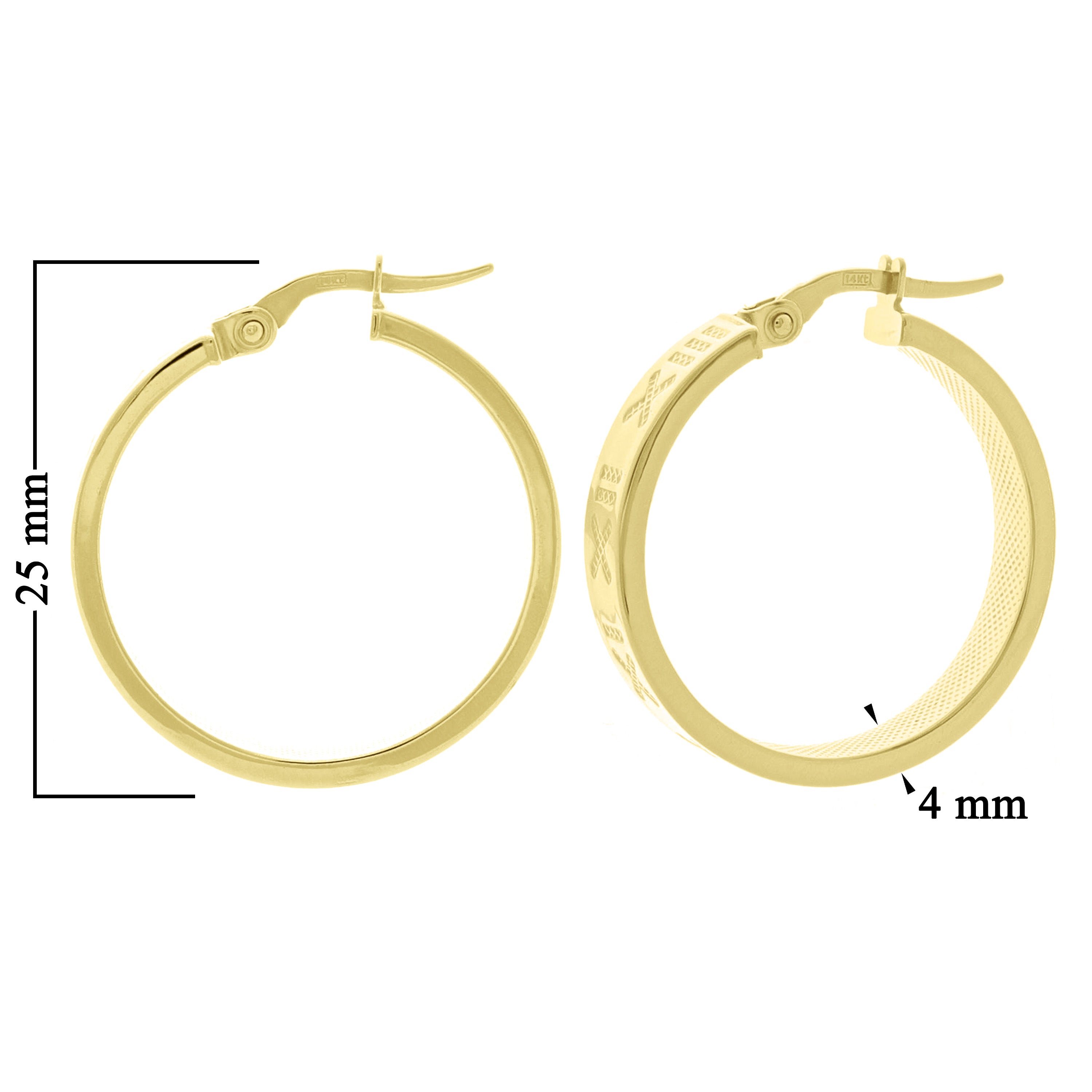 Italian 14k Yellow Gold Roman Numerals Hoop Earrings 1" 4mm 2.5 grams