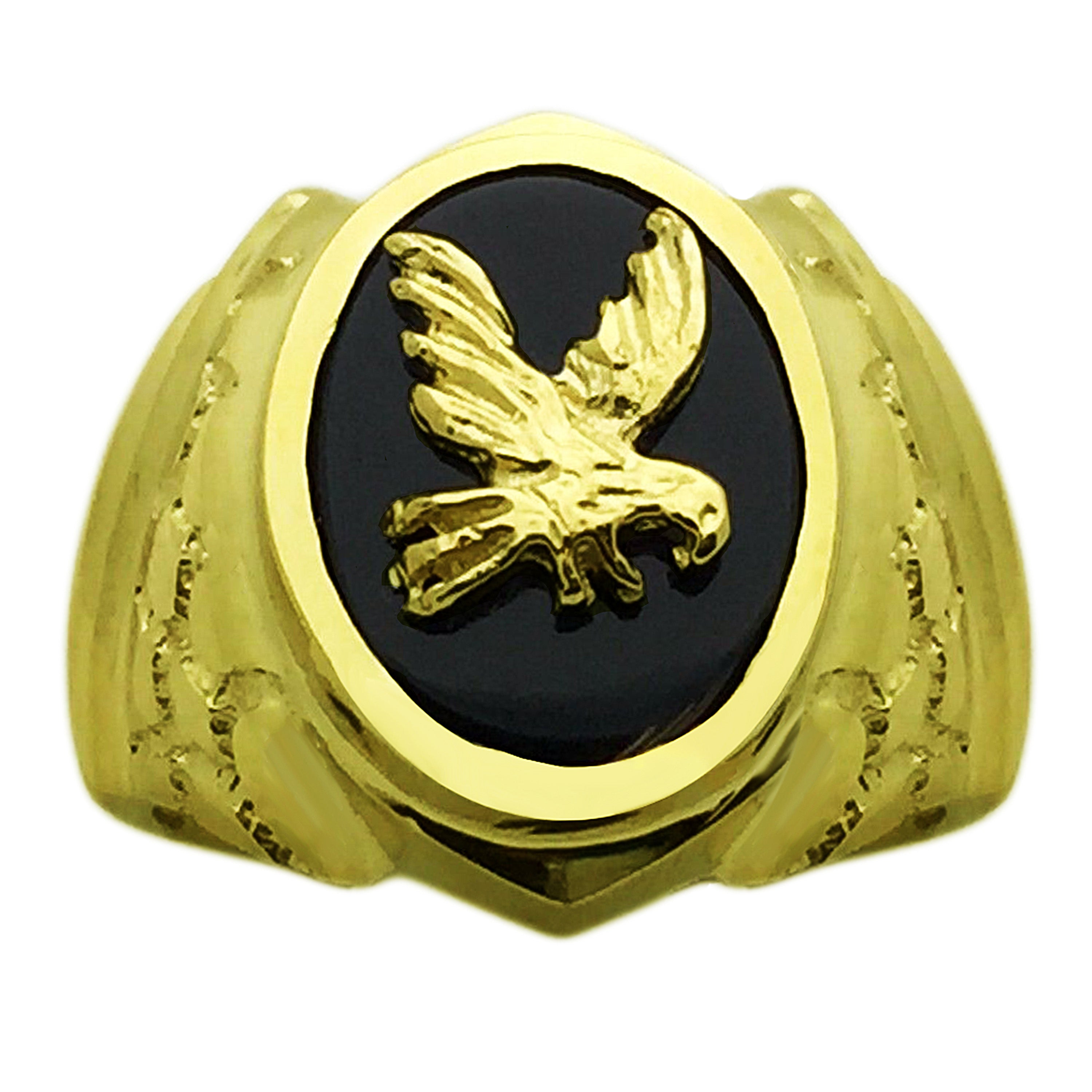 Men's 14k Yellow Gold Black Onyx Military Eagle Ring 20.4mm Size 7 - Ring Size 7