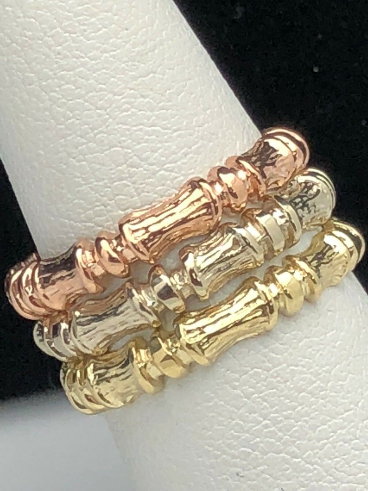14k Tri Color Gold Stackable Bamboo Ring 3 piece Ring Set Size 7 3.5mm each 8.6g