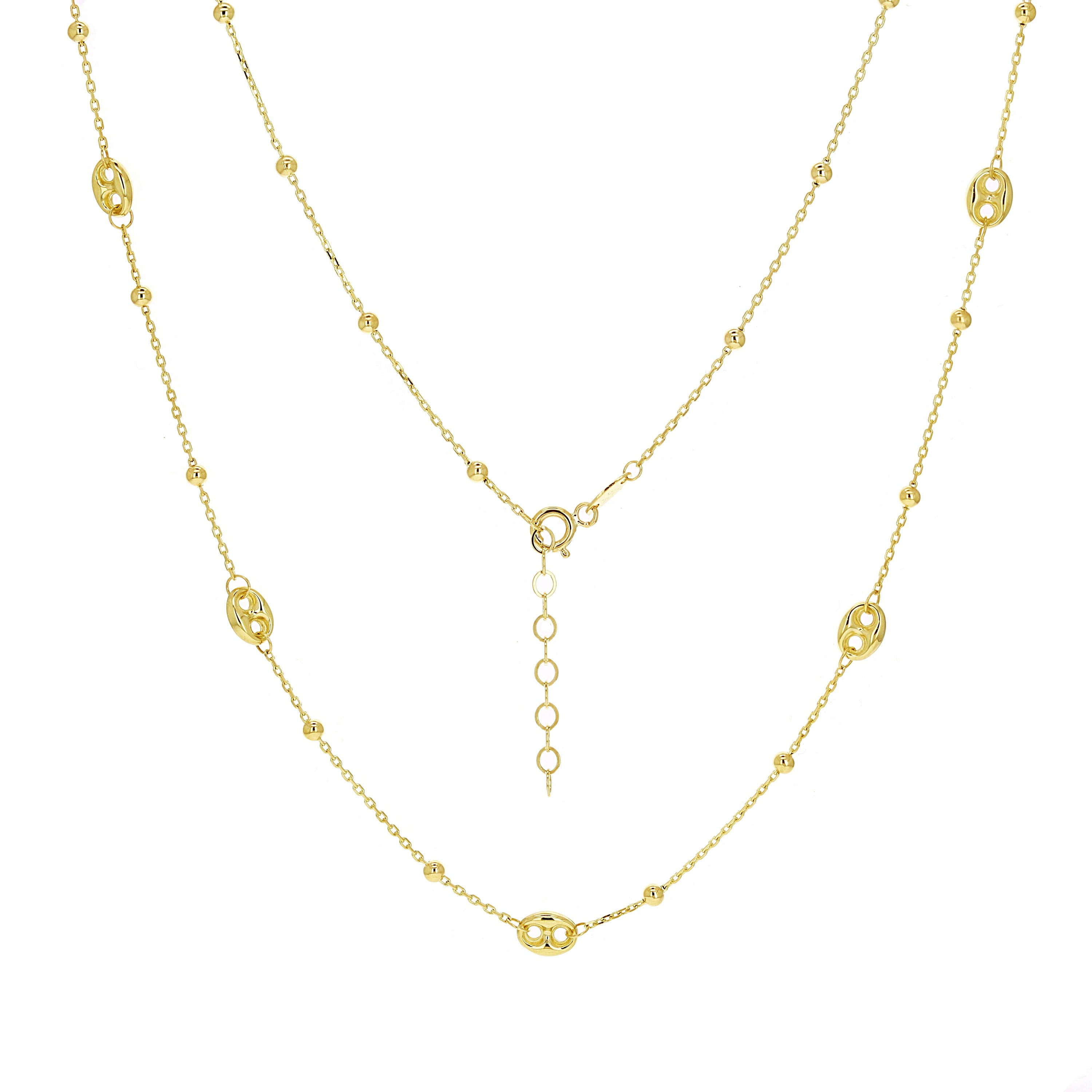 Italian 14k Yellow Gold Ball Bead Puff Charm Anchor Chain Station Necklace 18" 3.2 grams
