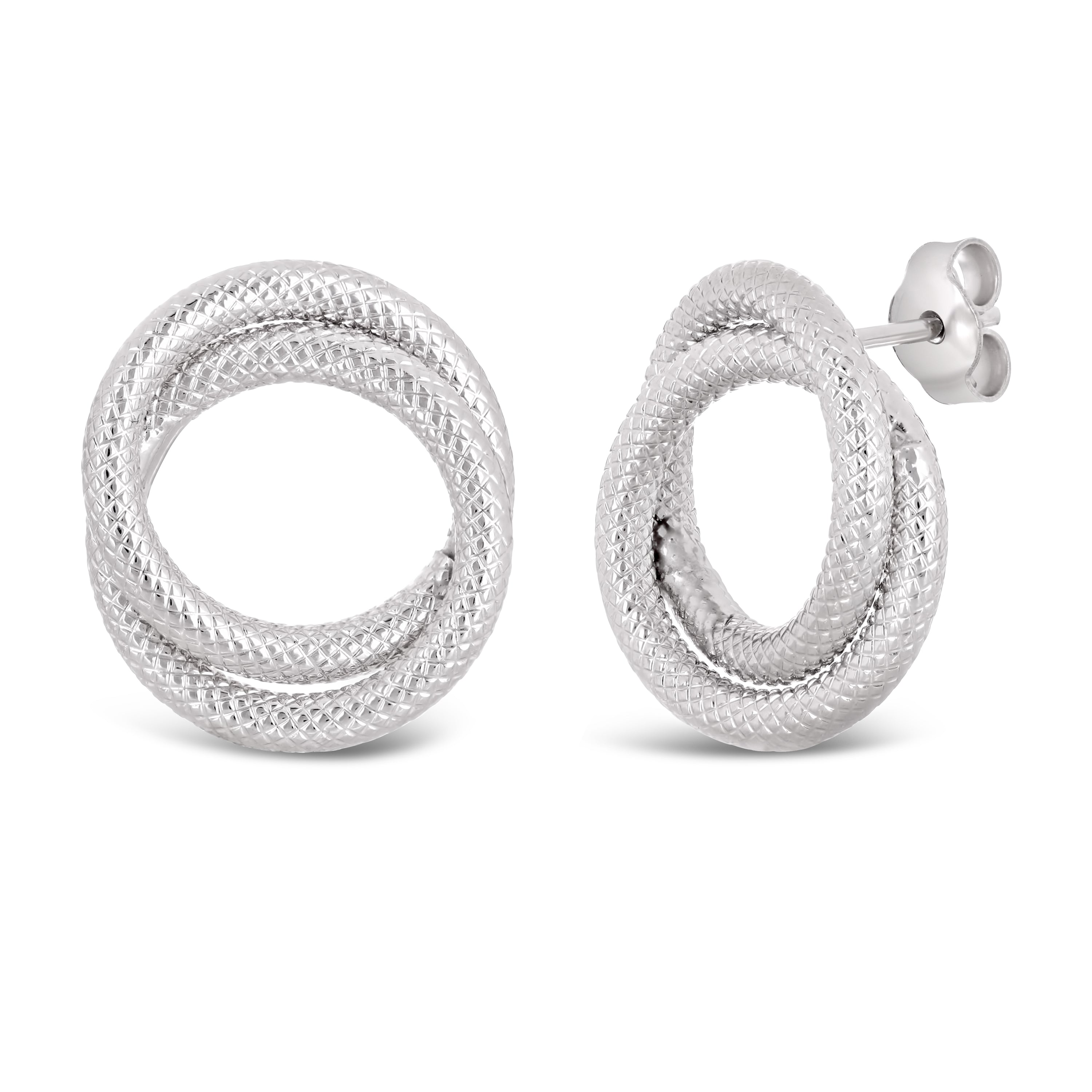 Italian 14k White Gold Braided Rope Tube Eternity Circle Love Knot Stud Earrings - White Double Circle