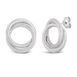 Italian 14k White Gold Braided Rope Tube Eternity Circle Love Knot Stud Earrings - White Double Circle