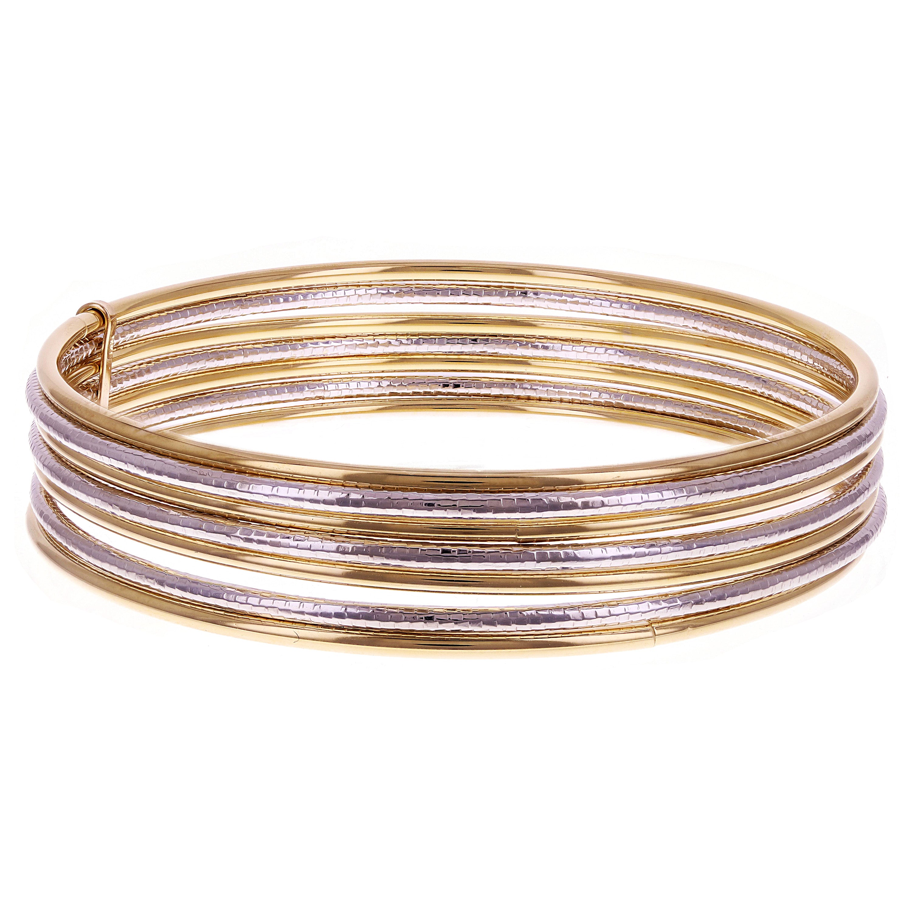 Italian 14k Two-Tone Gold Plain & Textured 7 Days Bangle Bracelet Set 8" 11.3g