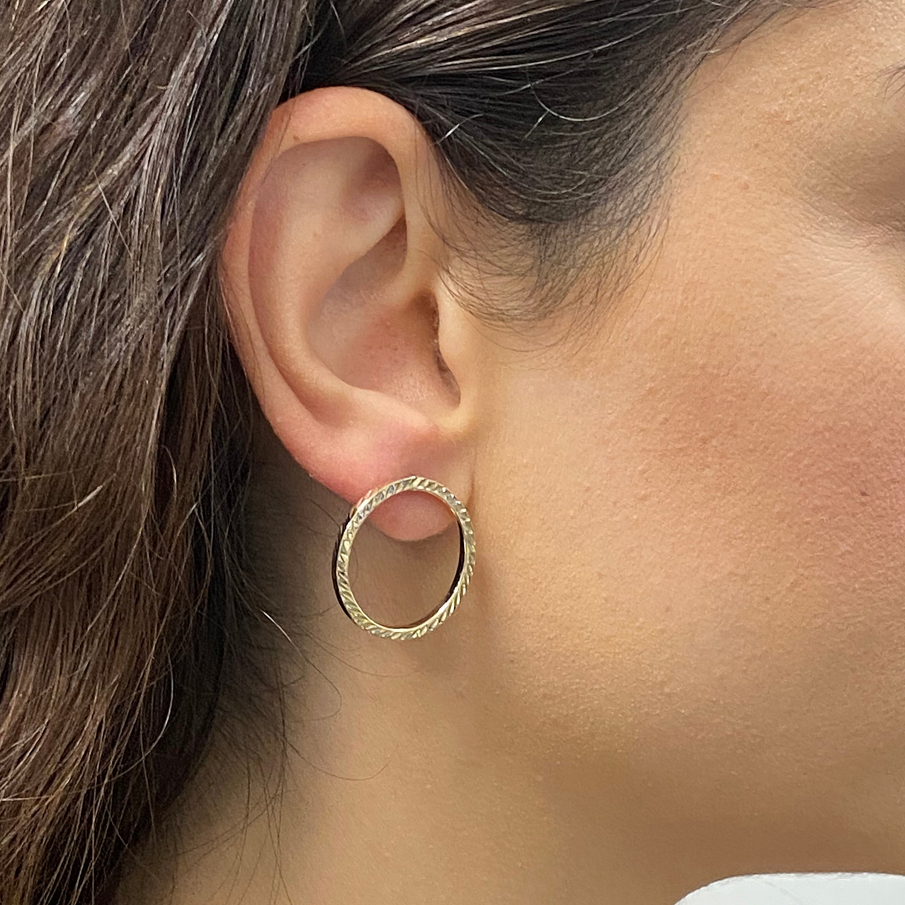 Italian 14k Yellow Gold Slim Diamond-Cut Eternity Circle Drop Hoop Stud Earrings - Shiny Yellow