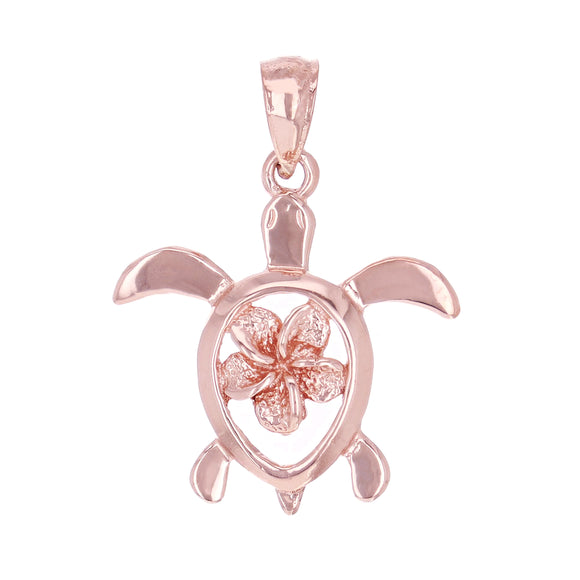 14k Rose Gold Hawaiian Sea Turtle Plumeria Flower Charm Pendant 26mm x 20mm 2g - Rose
