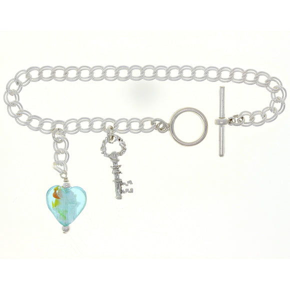 925 Sterling Silver Key & Blue Heart Murano Glass Double Link Charm Bracelet 6.5