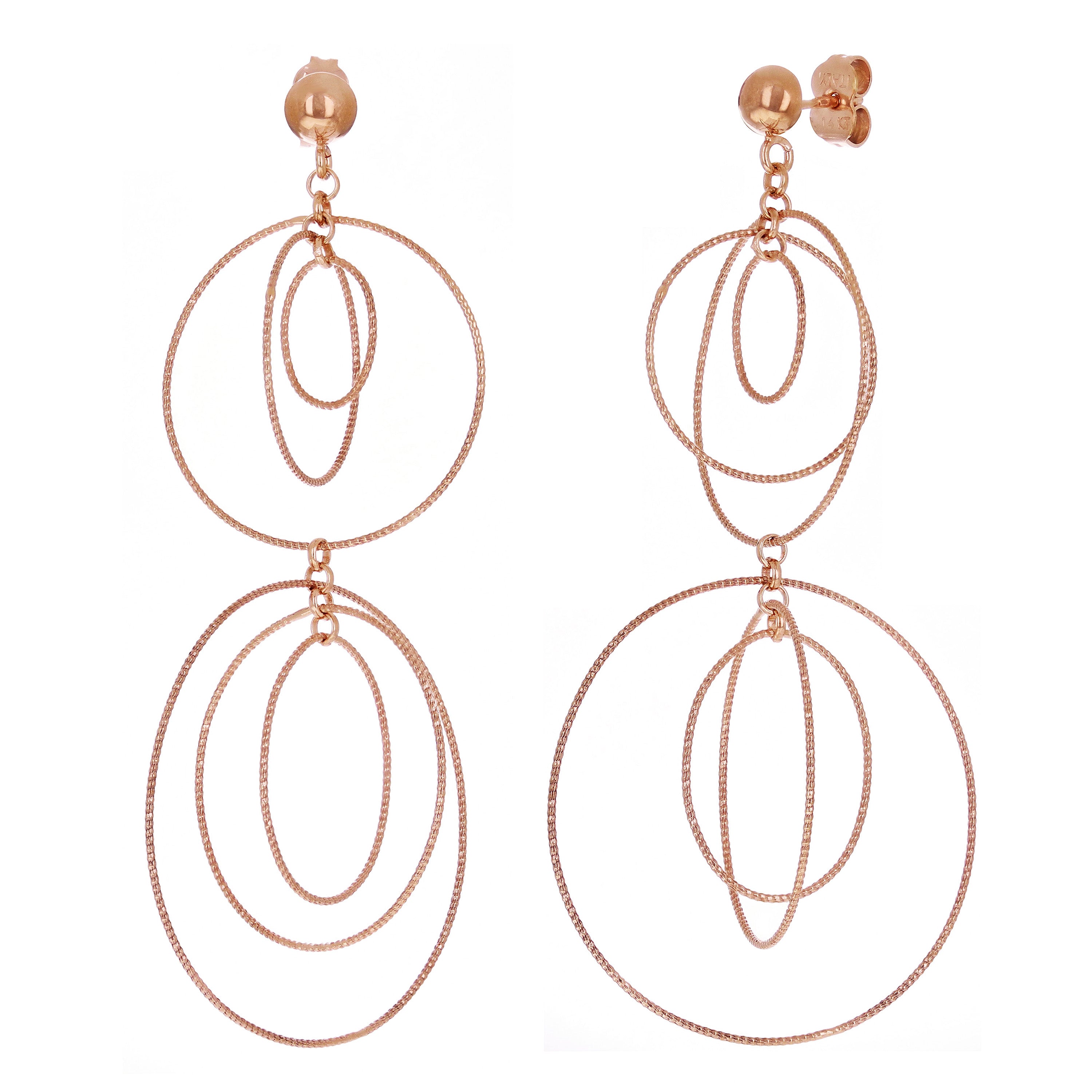 Italian 14k Rose Gold Round Drop Dangle Earrings 2.5" 3.9 grams