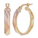 Italian 14k Tri-Color Gold Satin Twisted Hoop Earrings 20mm x 3.5mm 1.6 grams