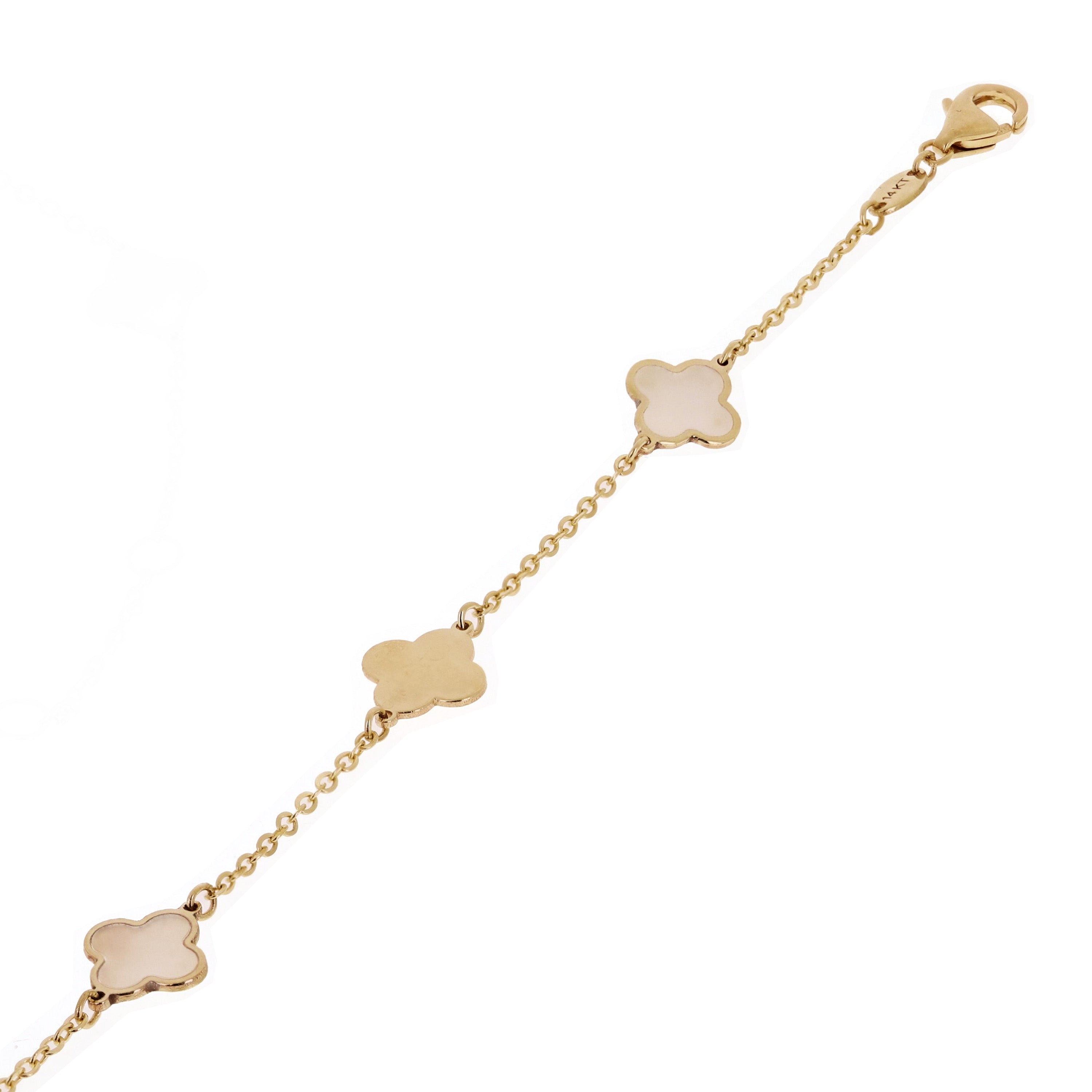 Italian 14k Yellow Gold Pearl Clover Leaf Station Bracelet 7" 7.3mm 1.6 grams