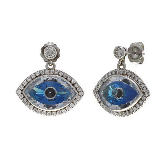 14k White Gold 0.82ctw Diamond Evil Eye Blue Dangle Drop Earrings