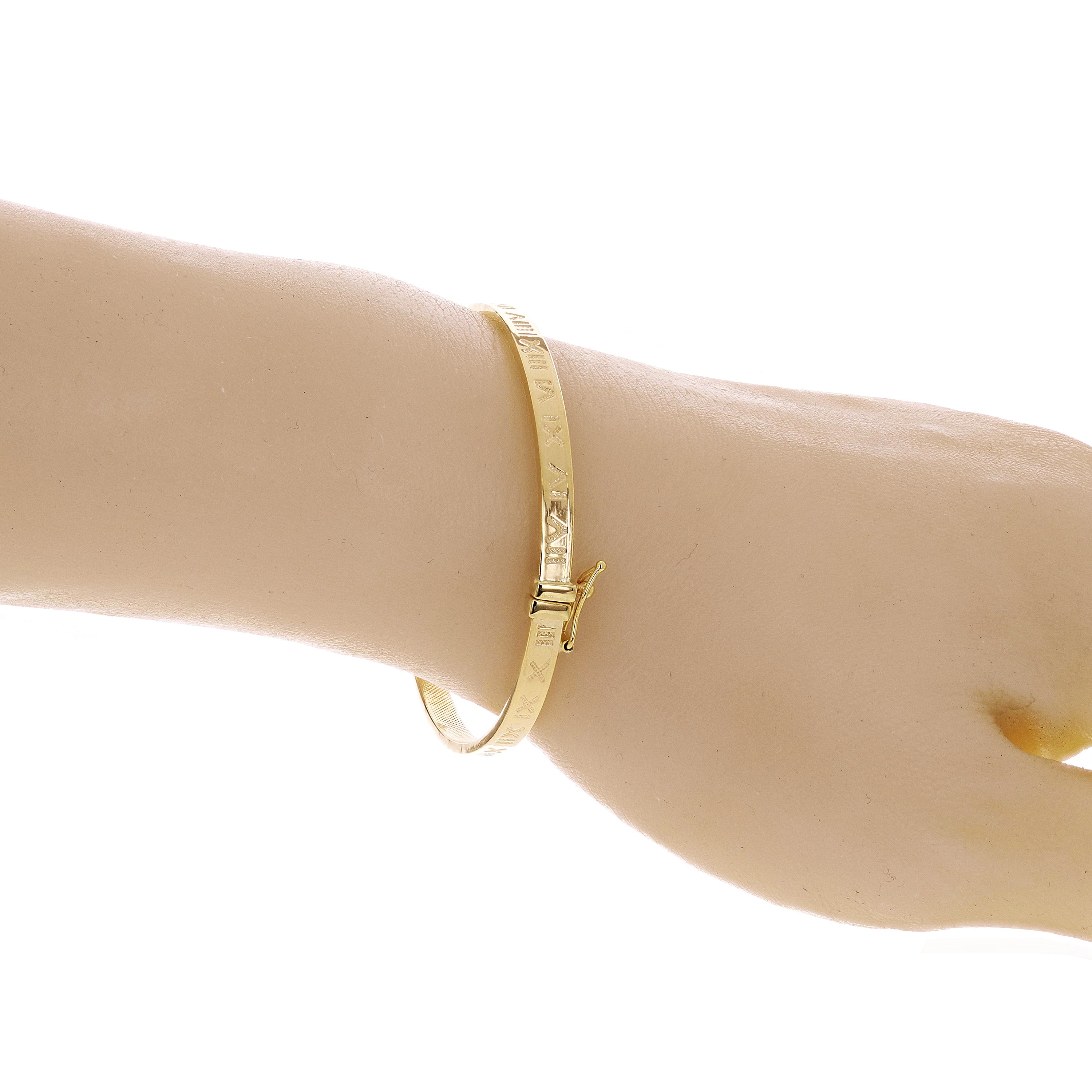 Italian 14k Yellow Gold Hollow Square Tube Roman Numeral Bangle Bracelet 7" 4mm